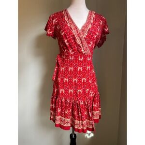 Boho Red Floral Wrap Dress Short Sleeve Tiered Ruffle Boho Mini cottage whimsi s